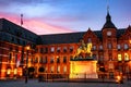 Market Square at night in Dusseldorf, Germany with illuminated Jan Wellem Statue