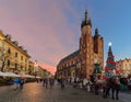 Market Square of the Old City in Krakow decorated by the christmas lights.