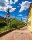 Market square with town hall and town hall tower, Ettlingen, Germany, Black Forest, Baden-Wuerttemberg, Germany, Europe. Downtown Royalty Free Stock Photo