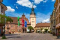 Market square with town hall and town hall tower, Ettlingen, Germany, Black Forest, Baden-Wuerttemberg, Germany, Europe. Downtown Royalty Free Stock Photo