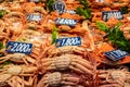 Market stall with big crabs in traditional Omicho Fish Market in Kanazawa, Japan