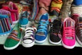 Market stall with colorful indigenous shoes, Argentina Royalty Free Stock Photo