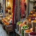 Market stall displaying a colorful array of spices in burlap sacks, each labeled with Royalty Free Stock Photo