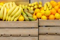Market stall with fresh bananas, pears and oranges Royalty Free Stock Photo