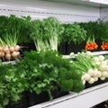 Market stall full of healthy organic vegetables. Green fresh onions, carrots, parsley on white shelf in grocery shop Royalty Free Stock Photo