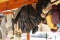 Market stall with leather gloves and mittens. Royalty Free Stock Photo