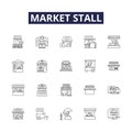 Market stall line vector icons and signs. Market, Vendor, Goods, Shopping, Trade, Bazaar, Retail, Sale outline vector