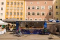 Market stall with pretzels brezen on the market at University square Universitatsplatz, Salzburg, Austria Royalty Free Stock Photo