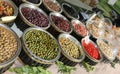 Market stall with products of the Mediterranean areas with olive Royalty Free Stock Photo