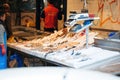 Market stall with salt and ice central fish market in central Thessaloniki