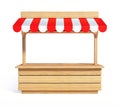 Market stall with striped red and white awning, wooden counter, kiosk, stand, 3d rendering