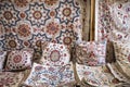 Market stalls with decorative tribal textile with colourful pattern made in Central Asia, Uzbekistan.