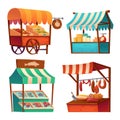 Market stalls, fair booths wood kiosks with awning