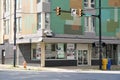 Retro architecture of The Hub storefront in downtown Youngstown, Ohio, July 2020