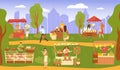 Market at street park, vector illustration, flat people man woman character buy food in shop, city business with outdoor