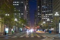 Market Street with it`s tram lines and skyscrapers at dusk in San Fransisco, US