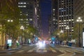 Market Street with it`s tram lines and skyscrapers at dusk in San Fransisco, US