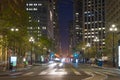 Market Street with it`s tram lines and skyscrapers at dusk in San Fransisco, US