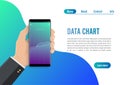 Market trend analysis on smartphone with line chart and graphs. Hand holds phone. Data chart concept. Flat design concept data