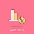 Market trend icon in comic style. Decline arrow with magnifier cartoon vector illustration on isolated background. Decrease splash