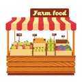 Market wood stand with farm food and vegetables in box vector illustration