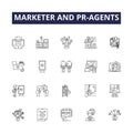Marketer and pr agents line vector icons and signs. pr, agent, promotion, media, public, strategy, concept,social