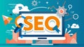 Marketers enhancing website content for better search engine rankings with SEO techniques. Royalty Free Stock Photo