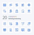 20 Marketing And Advertising Blue Color icon Pack. like ear. buzz. pay. reputation. quality Royalty Free Stock Photo