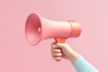 marketing announcement concept with hand holding megaphone loudspeaker with pink 3d style background, generative AI