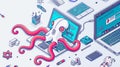 Marketing automation in 2020. Technology for SEO, internet, digital business content. Octopus robot with many hands