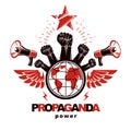 Marketing banner composed with loudspeakers, raised clenched fists and Earth planet, vector illustration. Propaganda as the means Royalty Free Stock Photo