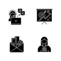Marketing black glyph icons set on white space