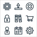 Marketing business line icons. linear set. quality vector line set such as gear, calendar, employee, cart, documents, lock, remove