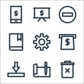 marketing business line icons. linear set. quality vector line set such as trash can, written paper, download, atm, gear, book,