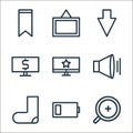 marketing business line icons. linear set. quality vector line set such as zooming, low battery, sock, sound, computer monitor,