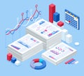 Marketing data analysis. Isometric office document folders. Routine, bureaucracy, big data, paperwork, office