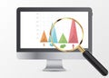 Marketing data analytics, analyzing statistics chart. Magnifier. Vector