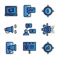 Marketing digital icon set include promotion,review,gear,advertising,billboard,target