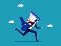 Marketing efforts. businessman with a megaphone rushes forward. business concept