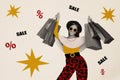 Marketing fashion promo collage billboard funny woman raise hands with bags black friday sale lady sunglasses isolated