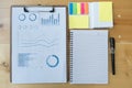 marketing graph and chart report with pen, notebook, sticky note Royalty Free Stock Photo