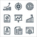 Marketing and growth line icons. linear set. quality vector line set such as settings, budget, cv, goal, statistics, report, pie