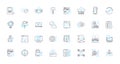 Marketing identity linear icons set. branding, logos, promotion, differentiation, messaging, strategy, positioning line