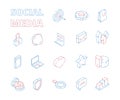 Marketing isometric icon. Web social media network symbols digital set mail graphs likes hearts news message thin line