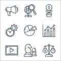 Marketing line icons. linear set. quality vector line set such as time, chess, video marketing, insight, pie chart, time