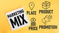 Marketing mix is shown using the text and pictures of Place, Product, Price and Promotion