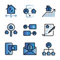 Marketing Real estate icon set include house,phone,chart,search,transaction,property agreement,phone,mail,owner