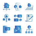 Marketing Real estate icon set include house,phone,chart,search,transaction,property agreement,phone,mail,owner