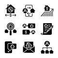 Marketing Real estate icon set include house,phone,chart,search,transaction,property agreement,phone,mail,owner