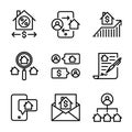 Marketing Real estate icon set include house,phone,chart,search,transaction,property agreement,phone,mail,owner